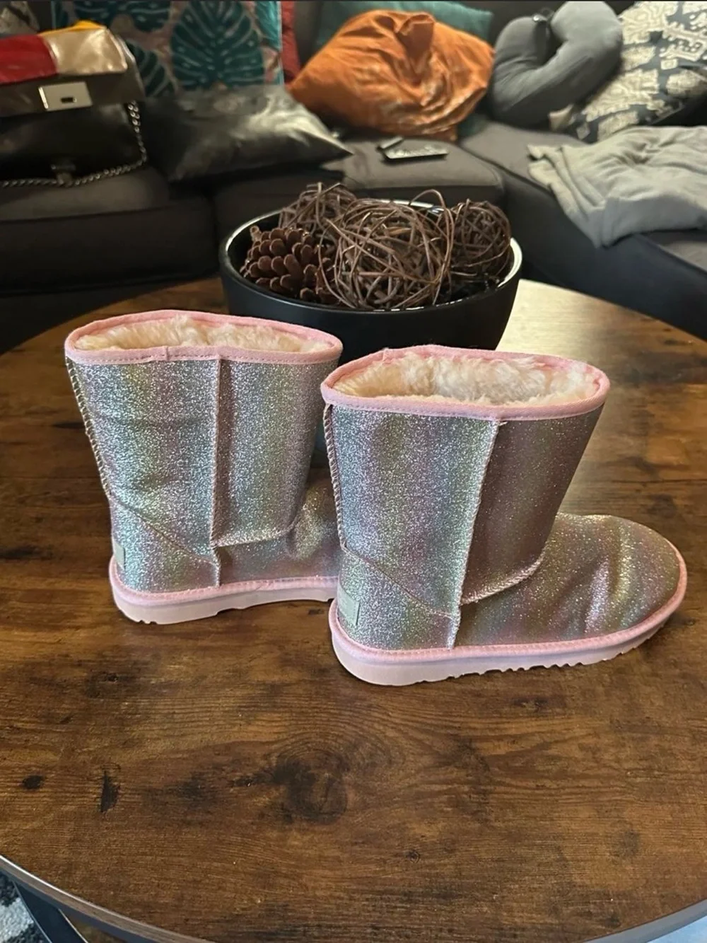 UGG Kids Glitter Sparkle Boots - Silver with Pink Trim